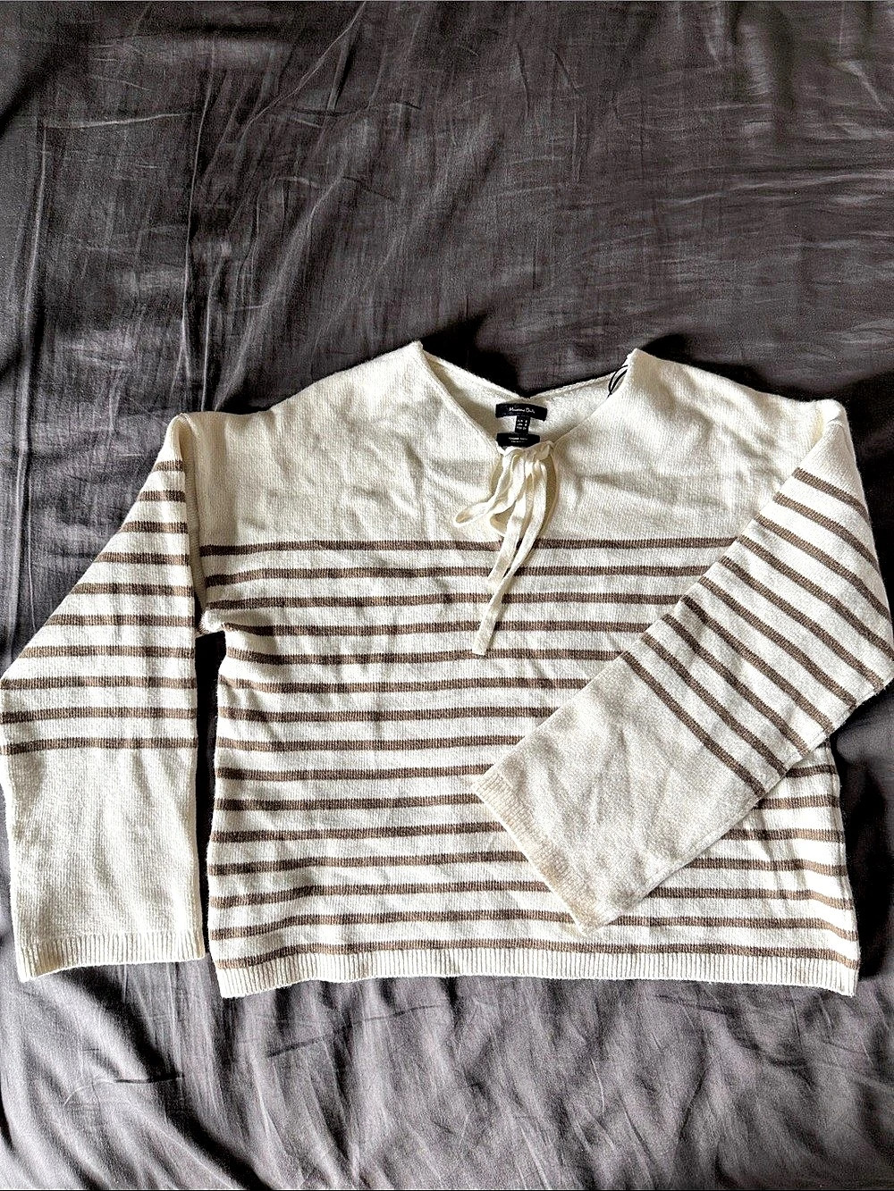 Massimo Dutti Striped Lace-Up V-Neck Sweater in White & Brown Size Small